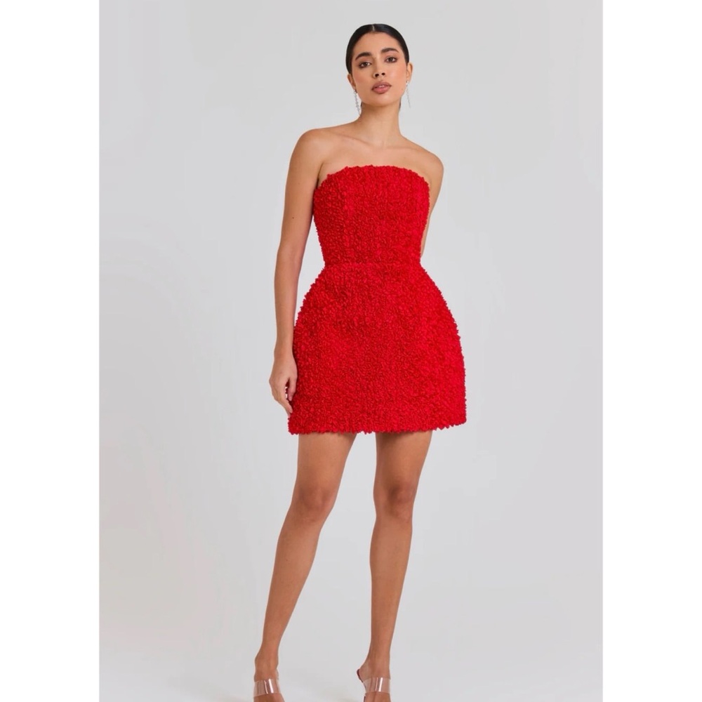NADINE MERABI Strapless Red Textured Mini Dress